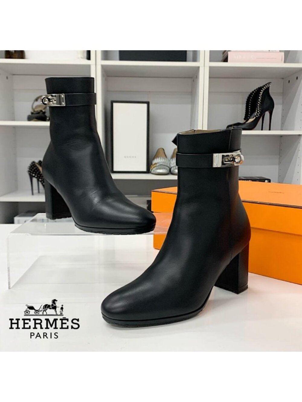 Hermes Saint Germain Kelly Leather Short Boots Black